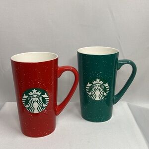 Starbucks Set Tall Speckled Mugs Holiday 2020 Red and Green EUC